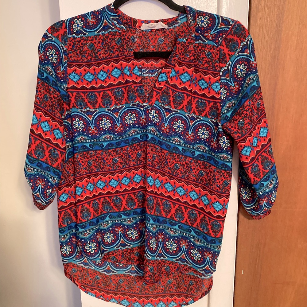 Pink Rose Red & Blue Print Blouse | Red & Blue patterned chiffon blouse